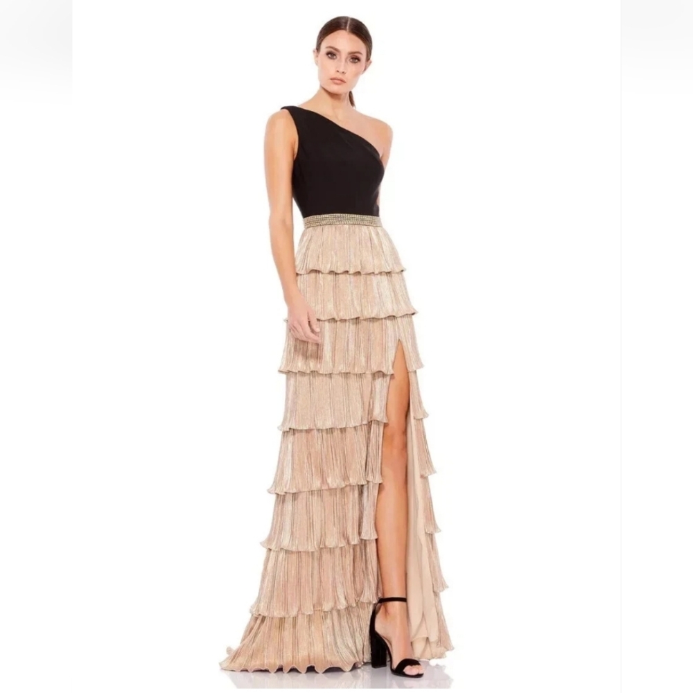 Ieena by Mac Duggal One Shoulder Layered Metallic Ruffle Dress